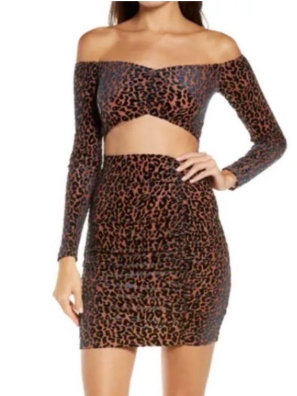 NWT Wardrobe Leopard Velvet Burnout Off Shoulder Cut Out Bodycon Dress M